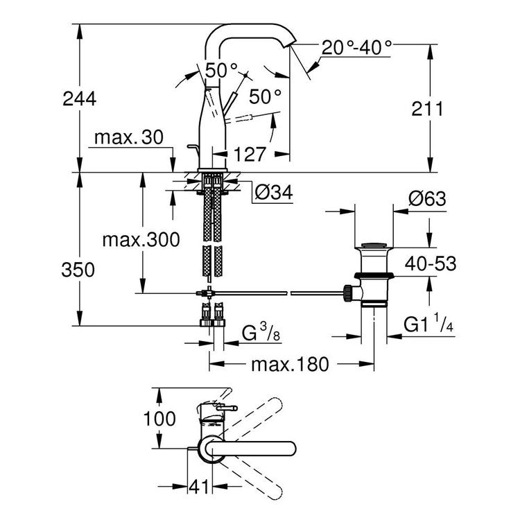 Grohe Essence Waschbeckenarmatur, Handbetätigung Ablaufventil, mittelhohe Auslaufhöhe, einstellbarer Drehbereich 0°/150°/360°, Grohe EcoJoy®, AquaGuide Chromoberfläche 32628001