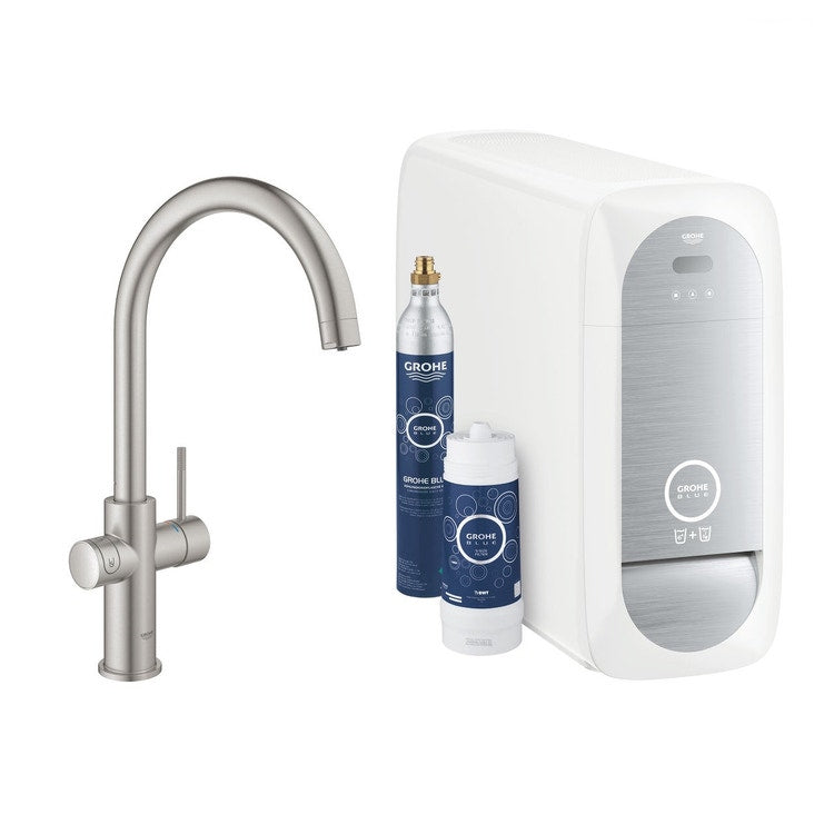 Grohe Komplettes System, Wasserhahn mit C-Auslauf und Kaltwassersatz mit WLAN-System, Oberfläche gebürsteter Edelstahl BLUE HOME 31455DC1