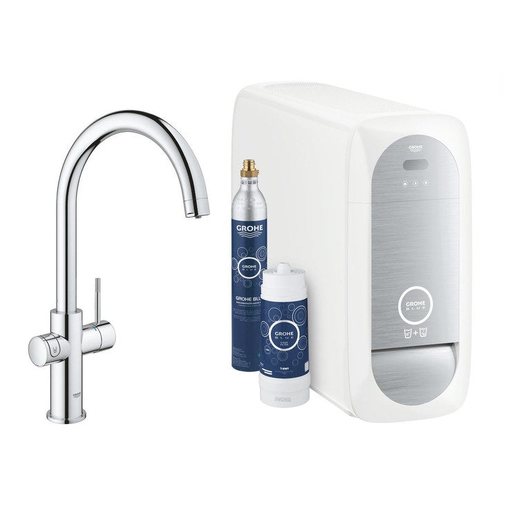 Grohe Komplettsystem Wasserhahn mit C-Auslauf und Kaltwassersatz mit WLAN-System, Chromoberfläche BLUE HOME 31455001