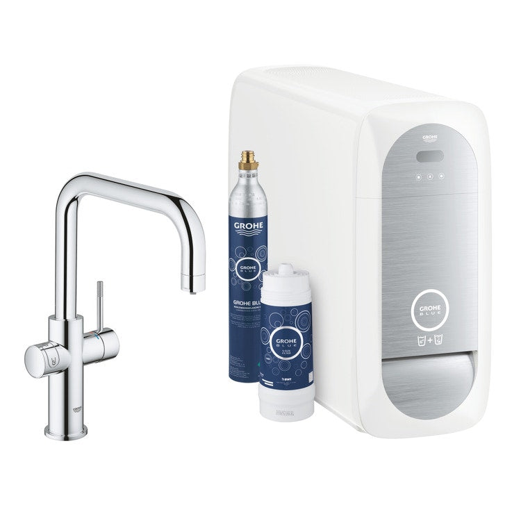 Grohe Komplettsystem Wasserhahn mit U-Auslauf und Kaltwassersatz mit WLAN-System, Chromfinish BLUE HOME 31456001