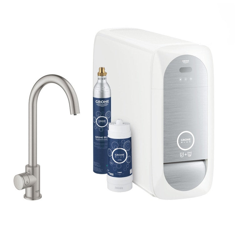 Grohe Komplettes System Einhebelmischer C-Auslauf und Kaltwassersatz mit WLAN-System, Oberfläche gebürstetes Chrom BLUE HOME 31498DC1