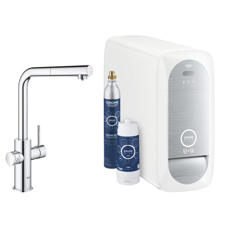 Grohe Komplettsystem mit Spültischarmatur L-Auslauf mit Kaltwassersatz, WLAN und ausziehbarer Handbrause, Chromoberfläche BLUE HOME 31539000