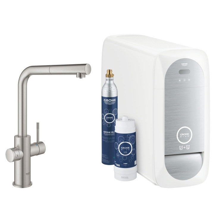 Grohe Komplettsystem mit Küchenarmatur L-förmiger Auslauf mit Kaltwassersatz, WLAN und ausziehbarer Brause, gebürstete Chromoberfläche BLUE HOME 31539DC0