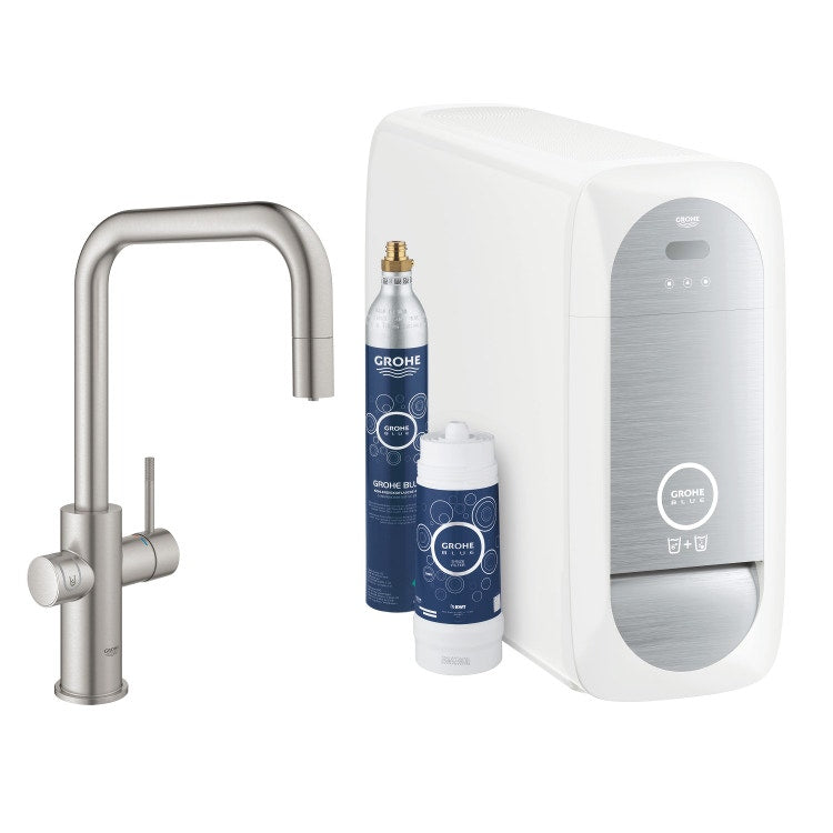 Grohe Komplettsystem mit Spültischarmatur U-Auslauf mit Kühlgerät, WLAN und ausziehbarer Brause, gebürstete Chromoberfläche BLUE HOME 31543DC0