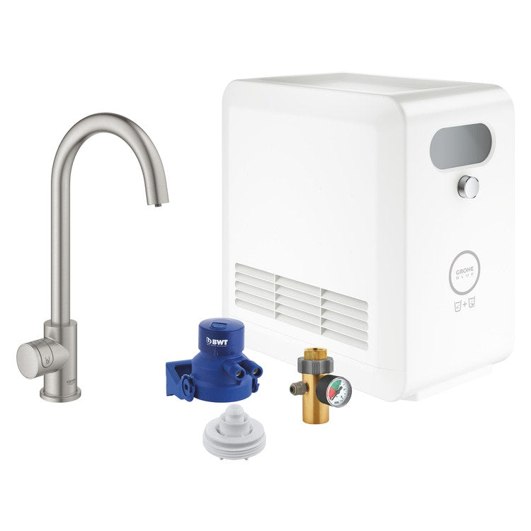 Grohe Einhandmischer mit C-förmigem Auslauf, Filtersystem und WLAN, gebürstete Chromoberfläche BLUE PROFESSIONAL 31302DC2