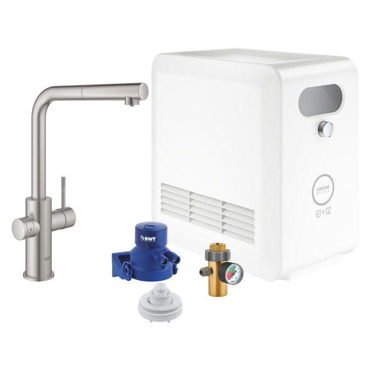Grohe Einhebelmischer mit L-Auslauf für Spüle mit Filtersystem, WLAN und herausziehbarer Brause, satinierte Chromoberfläche BLUE PROFESSIONAL 31326DC2