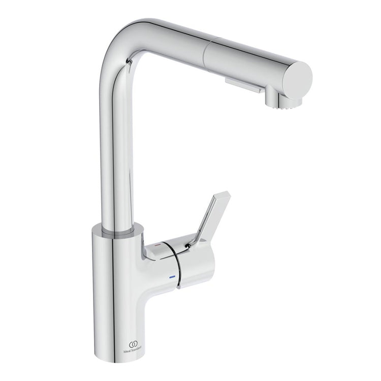 Ideal Standard Einhandmischer H. 33 cm für Spüle, mit hohem L-förmigen Auslauf und herausziehbarer Brause mit 2 Funktionen, Chrom-Finish GUSTO BD420AA