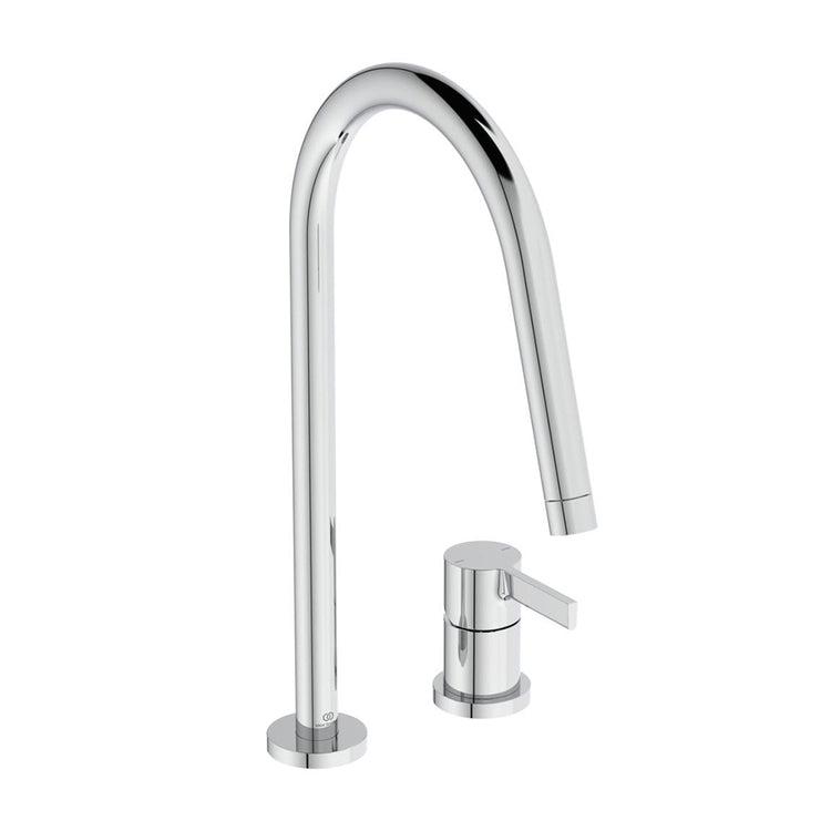 Ideal Standard Einhandmischer H. 43 cm, für 2 Löcher mit hohem, schwenkbarem Rohrauslauf, Chromoberfläche GUSTO BD422AA