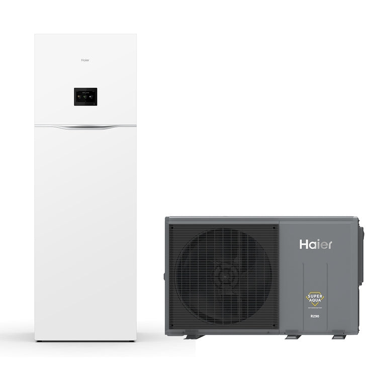 Haier System bestehend aus Inverter-Wärmepumpe 10 kW dreiphasig und 240-Liter-Hydronikmodul für Warmwasserbereitung mit Backup-Heizung 1+2 ALL IN ONE R290 AW10NHUGHA+HU102F24AHYAE3