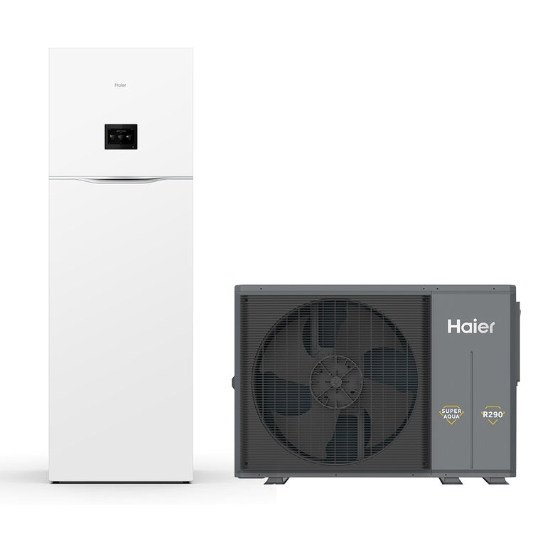 Haier System bestehend aus Inverter-Wärmepumpe 12 kW einphasig und Hygienemodul 200 Liter zur Warmwasserbereitung mit Backup-Heizung 2+4 ALL IN ONE R290 AW122HVGHA+HU162F20AHYA