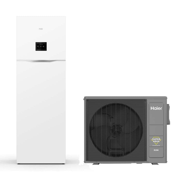 Haier System bestehend aus Inverter-Wärmepumpe 3,5 kW einphasig und 200-Liter-hydronischem Modul zur Trinkwassererzeugung mit Backup-Heizung 1+2 ALL IN ONE R290 AW032HSGHA+HU102F20AHYA