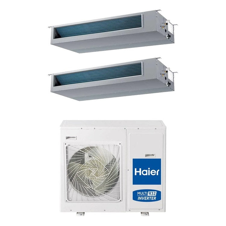 Haier 2-fach-Split-Klimagerät Kanalgerät mittlere Pressung, Inverter, WLAN – Außengerät R32 8,5 kW, Innengeräte 18000+24000 BTU 4U85S2SR5FA+AD[50|71]S2SM9FA(H)