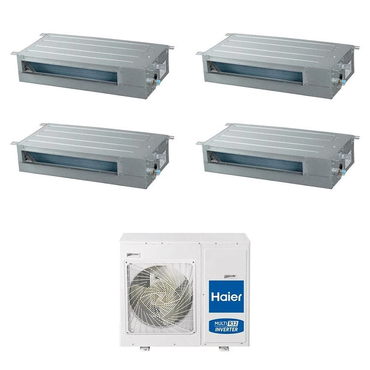 Haier 4-fach-Split-Klimagerät Kanalgerät SLIM niedrige Pressung, Inverter, WLAN – Außengerät R32 7,5 kW, Innengeräte 9000+9000+9000+9000 BTU 4U75S2SR5FA+AD[25|25|25|25]S2SS1FA(H)