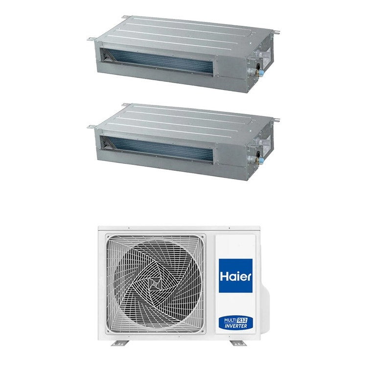 Haier 2-fach-Split-Klimagerät Kanalgerät SLIM niedrige Pressung, Inverter, WLAN – Außengerät R32 4 kW, Innengeräte 9000+9000 BTU 2U40S2SM1FA+AD[25|25]S2SS1FA(H)