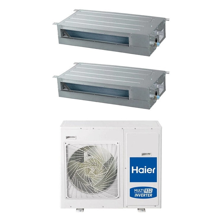 Haier 2-fach-Split-Klimagerät Kanalgerät SLIM niedrige Pressung, Inverter, WLAN – Außengerät R32 8,5 kW, Innengeräte 18000+18000 BTU 4U85S2SR5FA+AD[50|50]S2SS1FA(H)