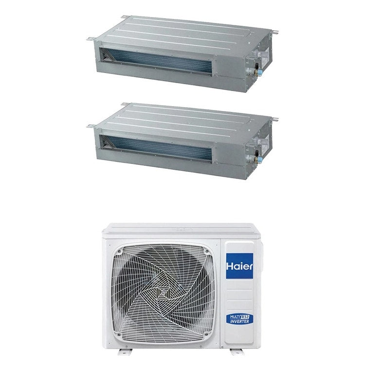 Haier 2-fach-Split-Klimagerät Kanalgerät SLIM niedrige Pressung, Inverter, WLAN – Außengerät R32 10 kW, Innengeräte 12000+12000 BTU 5U105S2SS5FA+AD[35|35]S2SS1FA(H)