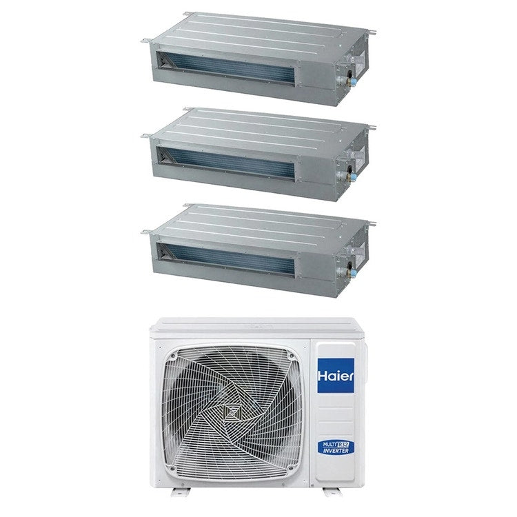 Haier 3-fach-Split-Klimagerät Kanalgerät SLIM niedrige Pressung, Inverter, WLAN – Außengerät R32 10 kW, Innengeräte 9000+9000+9000 BTU 5U105S2SS5FA+AD[25|25|25]S2SS1FA(H)