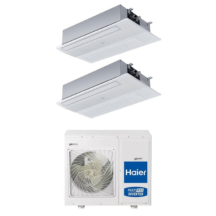 Haier 2-fach-Split-Klimagerät 1-Wege-Kassette, Inverter, WLAN – Außengerät R32 7,5 kW, Innengeräte 12000+12000 BTU 4U75S2SR5FA+AB[35|35]S2SA1FA(H)