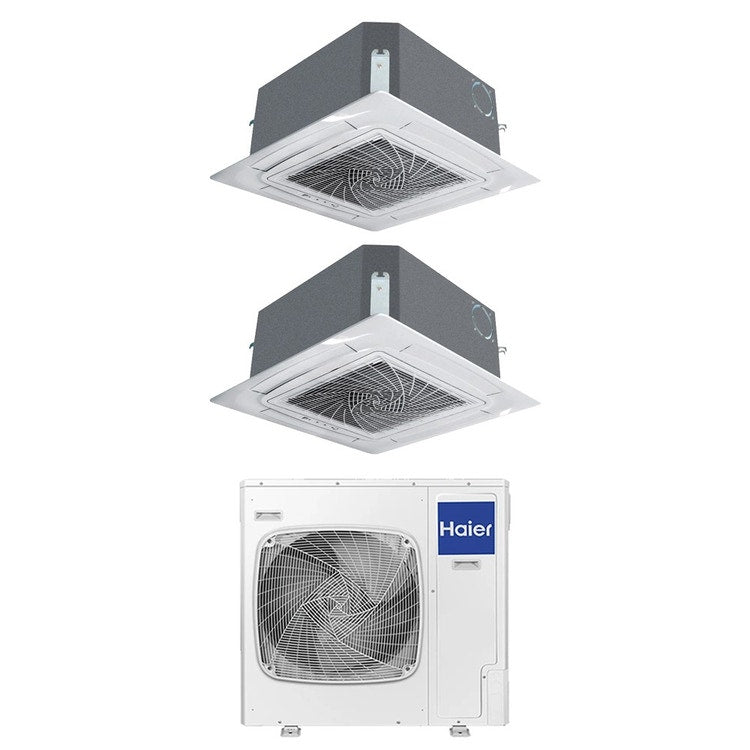 Haier 2-fach-Split-Klimagerät 4-Wege-Kassette, Inverter, WLAN, Weiß – Außengerät R32 12,5 kW, Innengeräte 9000+18000 BTU 5U125S2SN1FA+AB[25|50]S2SC2FA(H)