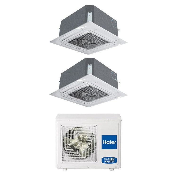 Haier 2-fach-Split-Klimagerät Kassette, Inverter, WLAN, Weiß – Außengerät R32 7 kW, Innengeräte 9000+18000 BTU 3U70S2SR5FA+AB[25|50]S2SC2FA(H)