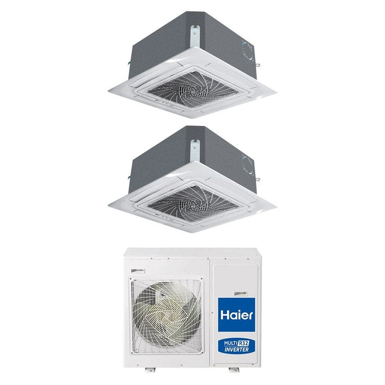 Haier 2-fach-Split-Klimagerät 4-Wege-Kassette, Inverter, WLAN, Weiß – Außengerät R32 8,5 kW, Innengeräte 9000+12000 BTU 4U85S2SR5FA+AB[25|35]S2SC2FA(H)