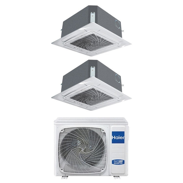 Haier 2-fach-Split-Klimagerät 4-Wege-Kassette, Inverter, WLAN, Weiß – Außengerät R32 9 kW, Innengeräte 12000+18000 BTU 5U90S2SS5FA+AB[35|50]S2SC2FA(H)