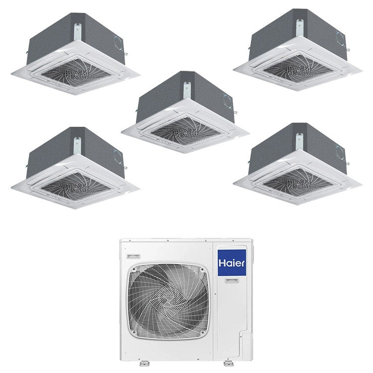Haier 5-fach-Split-Klimagerät 4-Wege-Kassette, Inverter, WLAN, Weiß – Außengerät R32 12,5 kW, Innengeräte 9000+9000+12000+12000+12000 BTU 5U125S2SN1FA+AB[25|25|35|35|35]S2SC2FA(H)