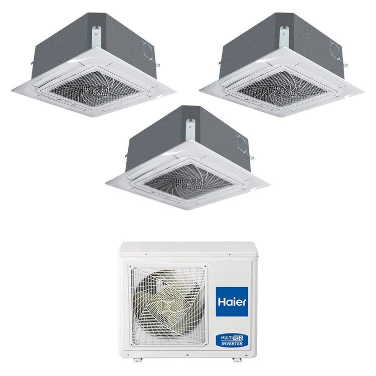 Haier 3-fach-Split-Klimagerät Kassette, Inverter, WLAN, Weiß – Außengerät R32 5,5 kW, Innengeräte 9000+9000+9000 BTU 3U55S2SR5FA+AB[25|25|25]S2SC2FA(H)