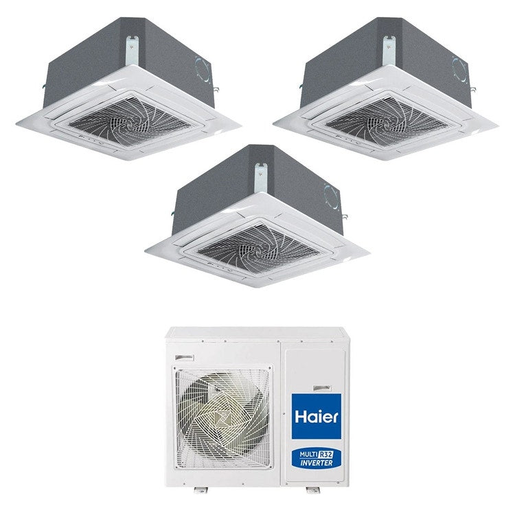 Haier 3-fach-Split-Klimagerät Kassette, Inverter, WLAN, Weiß – Außengerät R32 7,5 kW, Innengeräte 9000+9000+18000 BTU 4U75S2SR5FA+AB[25|25|50]S2SC2FA(H)