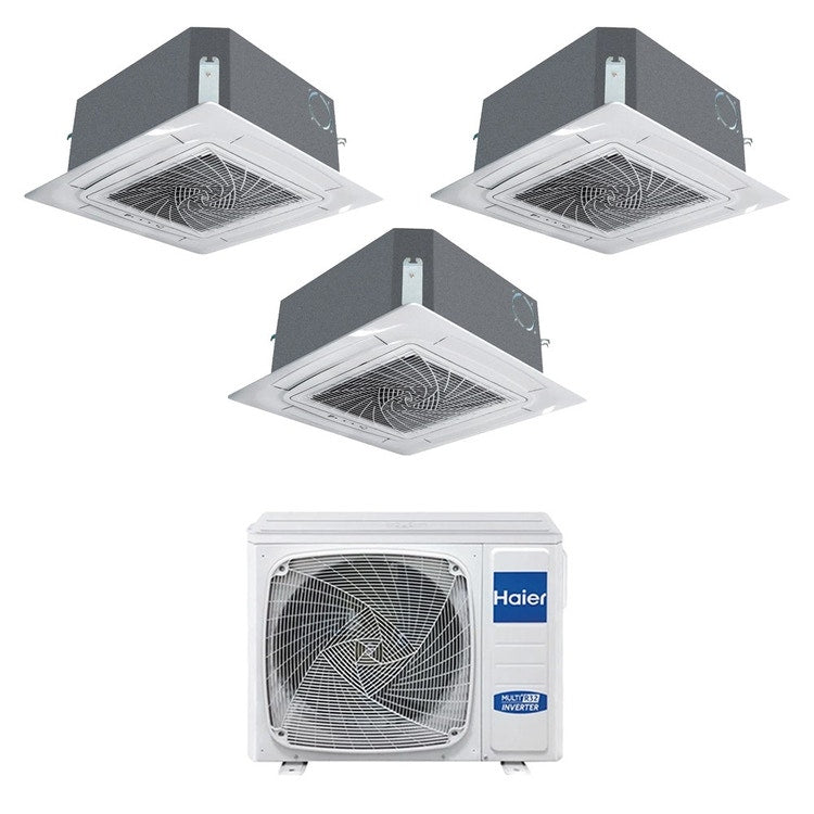 Haier 3-fach-Split-Klimagerät 4-Wege-Kassette, Inverter, WLAN, Weiß – Außengerät R32 10 kW, Innengeräte 9000+9000+9000 BTU 5U105S2SS5FA+AB[25|25|25]S2SC2FA(H)