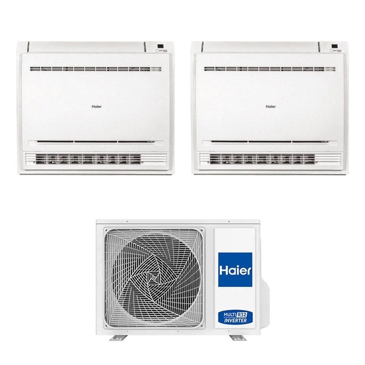 Haier 2-fach-Split-Klimagerät Konsole, Inverter, Weiß – Außengerät R32 5 kW, Innengeräte 15000+15000 BTU 2U50S2SM1FA-3+AF[42|42]S2SD1FA(D)