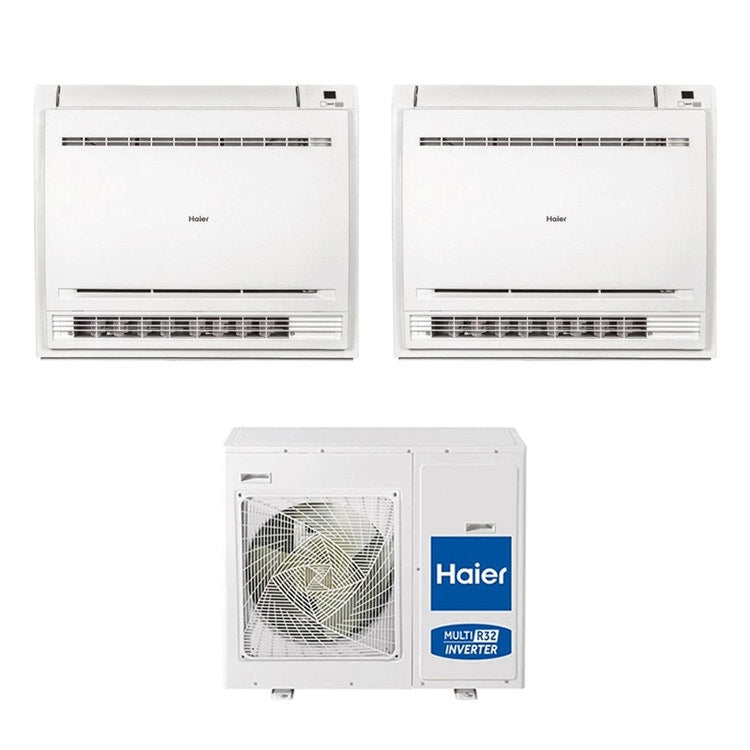 Haier 2-fach-Split-Klimagerät Konsole, Inverter, Weiß – Außengerät R32 7,5 kW, Innengeräte 15000+18000 BTU 4U75S2SR5FA+AF[42|50]S2SD1FA(D)