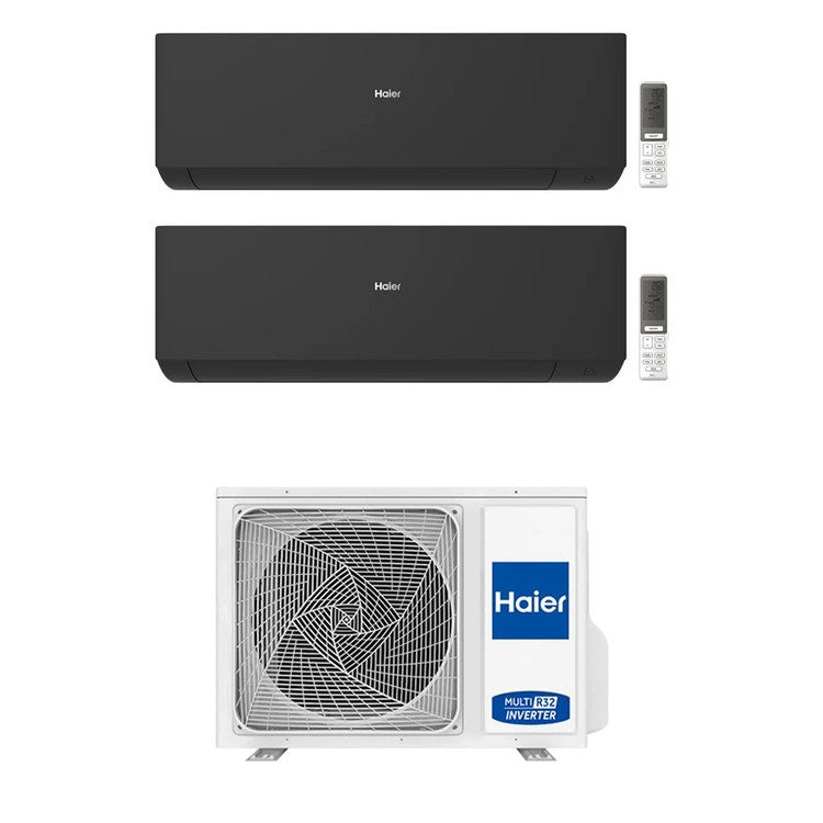 Haier 2-fach-Split-Klimagerät EXPERT, Wandgerät, Inverter, WLAN, Schwarz – Außengerät R32 4 kW, Innengeräte 7000+12000 BTU 2U40S2SM1FA+AS[20|35]XCAHRA-MB