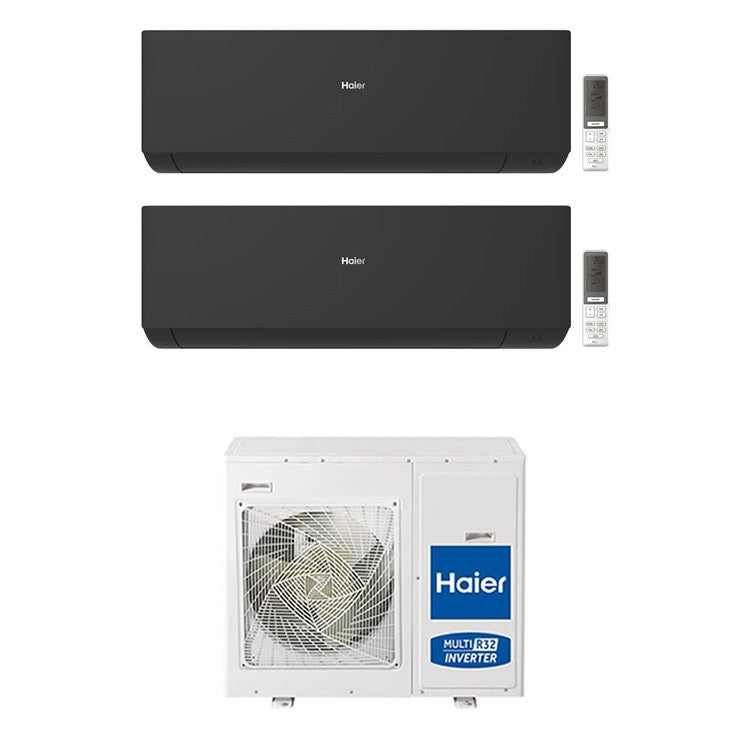 Haier 2-fach-Split-Klimagerät EXPERT, Wandgerät, Inverter, WLAN, Schwarz – Außengerät R32 7,5 kW, Innengeräte 9000+18000 BTU 4U75S2SR5FA+AS[25|50]XCAHRA-MB