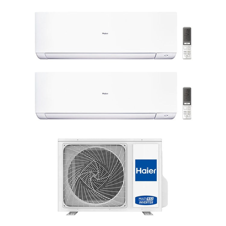 Haier 2-fach-Split-Klimagerät EXPERT, Wandgerät, Inverter, WLAN, Weiß – Außengerät R32 5 kW, Innengeräte 9000+12000 BTU 2U50S2SM1FA-3+AS[25|35]XCAHRA