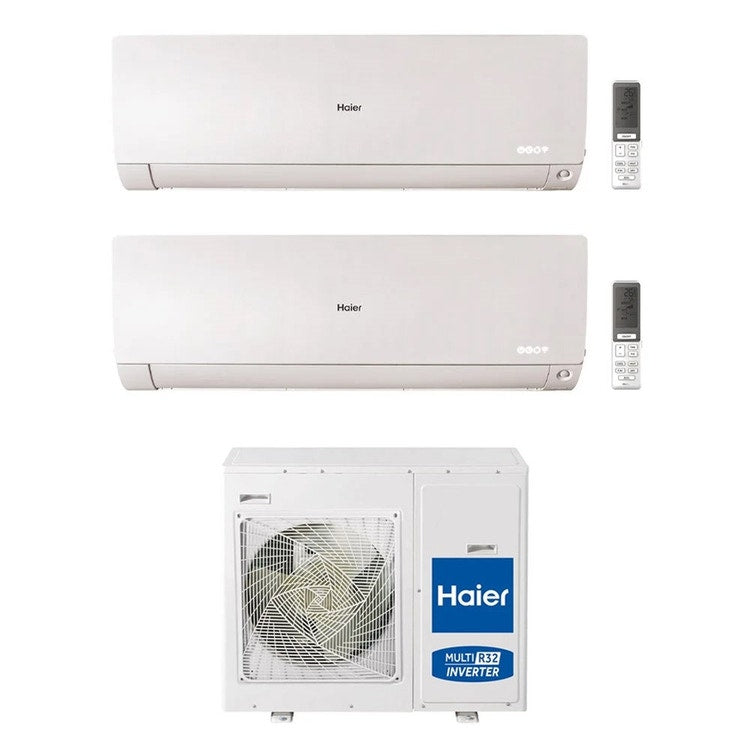 Haier 2-fach-Split-Klimagerät FLEXIS PLUS, Wandgerät, Inverter, WLAN, Weiß – Außengerät R32 7,5 kW, Innengeräte 7000+24000 BTU 4U75S2SR5FA+AS[20|71]S2SF1FA-MW3
