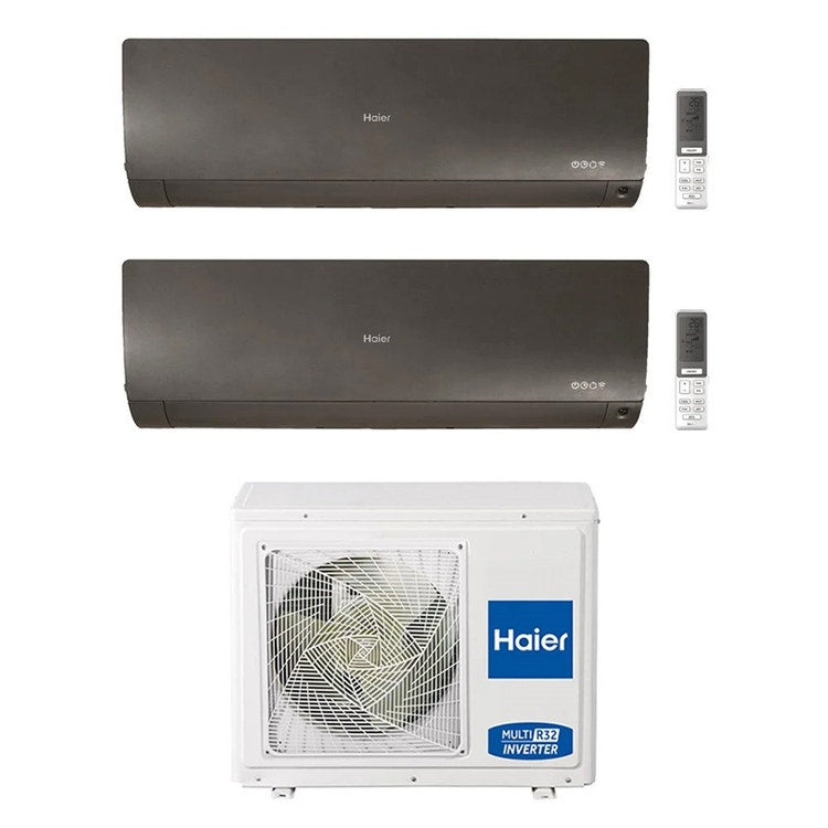 Haier 2-fach-Split-Klimagerät FLEXIS PLUS, Wandgerät, Inverter, WLAN, Schwarz – Außengerät R32 7 kW, Innengeräte 7000+12000 BTU 3U70S2SR5FA+AS[20|35]S2SF1FA-MB3
