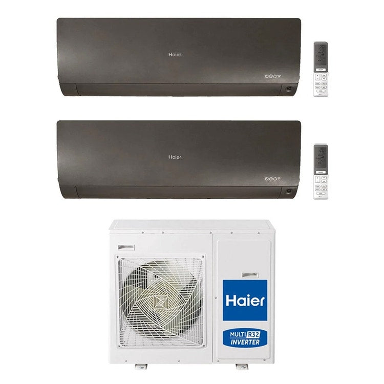 Haier 2-fach-Split-Klimagerät FLEXIS PLUS, Wandgerät, Inverter, WLAN, Schwarz – Außengerät R32 8,5 kW, Innengeräte 12000+15000 BTU 4U85S2SR5FA+AS[35|42]S2SF1FA-MB3