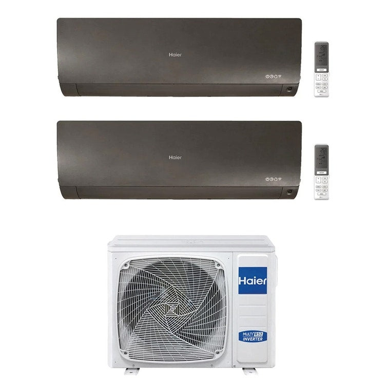 Haier 2-fach-Split-Klimagerät FLEXIS PLUS, Wandgerät, Inverter, WLAN, Schwarz – Außengerät R32 9 kW, Innengeräte 7000+24000 BTU 5U90S2SS5FA+AS[20|71]S2SF1FA-MB3