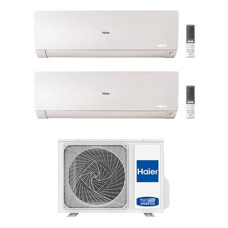 Haier 2-fach-Split-Klimagerät FLEXIS PLUS, Wandgerät, Inverter, WLAN, Weiß – Außengerät R32 5 kW, Innengeräte 7000+12000 BTU 2U50S2SM1FA+AS[20|35]S2SF1FA-MW3