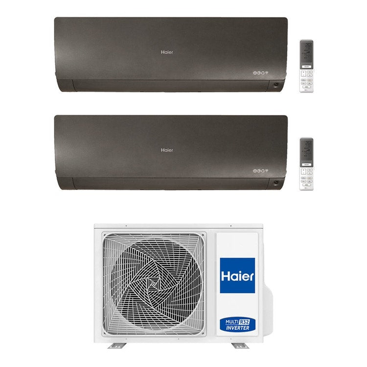 Haier 2-fach-Split-Klimagerät FLEXIS PLUS, Wandgerät, Inverter, WLAN, Schwarz – Außengerät R32 5 kW, Innengeräte 7000+9000 BTU 2U50S2SM1FA+AS[20|25]S2SF1FA-MB3