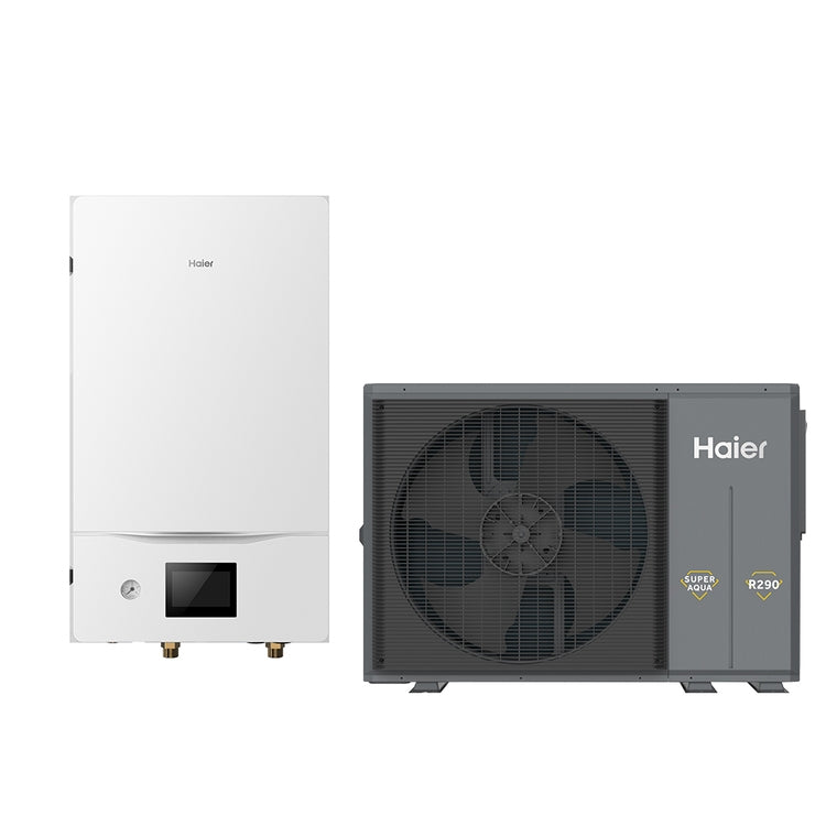 Haier System bestehend aus Inverter-Wärmepumpe 12 kW einphasig und Hydronikmodul mit Backup-Heizung 2+4 R290 SPLIT AW122HVGHA+HU162WAHYA