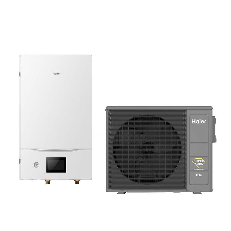 Haier System bestehend aus Inverter-Wärmepumpe 3,5 kW einphasig und Hydronikmodul mit Backup-Heizung 1+2 R290 SPLIT AW032HSGHA+HU102WAHYA