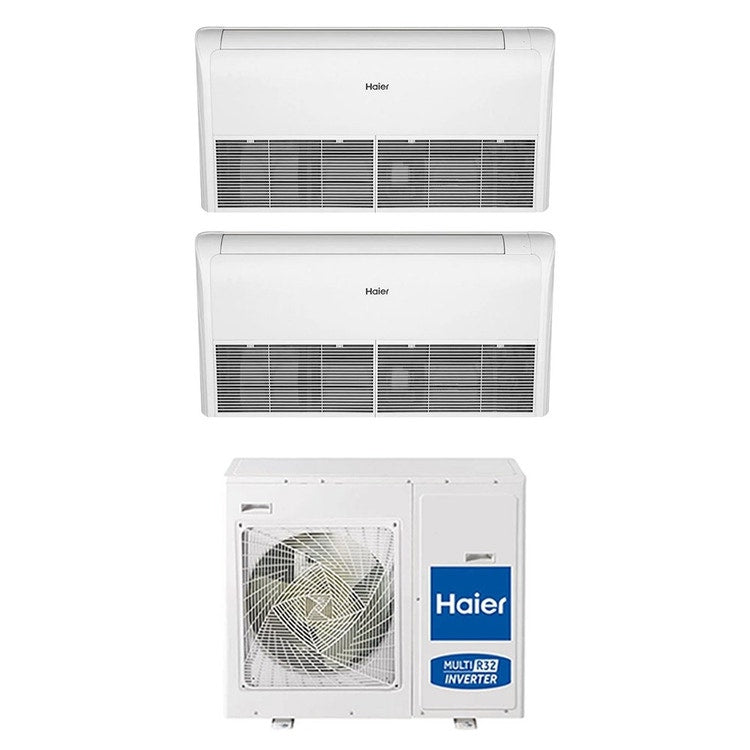 Haier 2-fach-Split-Klimagerät Decke/Boden, Decken-/Truhengerät, Inverter, Weiß – Außengerät R32 8,5 kW, Innengeräte 12000+18000 BTU 4U85S2SR5FA+AC[35|50]S2SG2FA(H)