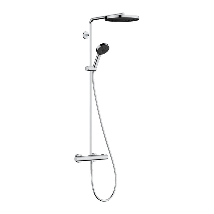 Hansgrohe Duschsystem mit rundem Duschkopf, Handbrause, thermostatischem Ecostat Fine, Duschstange, Schieber und Schlauch, Chromfinish PULSIFY S PURO 24236000