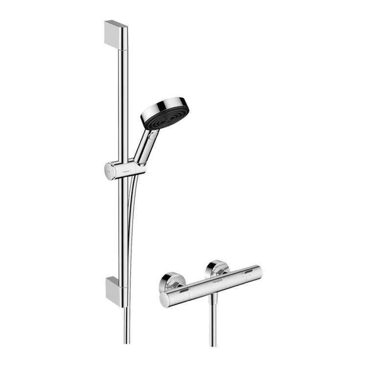 Hansgrohe Duschsäule mit Ecostat Fine Armatur, mit Handbrause, Duschstange H. 67 cm, Schieber und Duschschlauch, Chromoberfläche PULSIFY SELECT S 24262000
