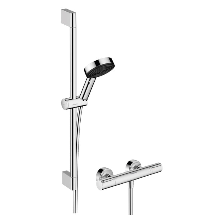 Hansgrohe Duschsäule mit Ecostat Element Armatur, mit Handbrause, Duschstange H. 67 cm, Schieber und Duschschlauch, Chromoberfläche PULSIFY SELECT S 24272000