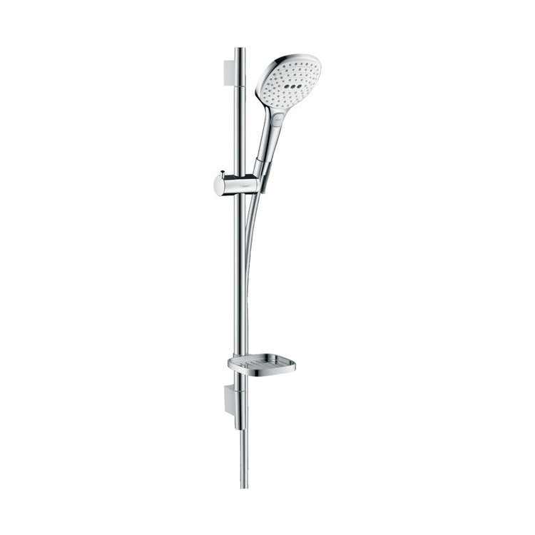 Hansgrohe Duschset 120, 3 Strahlarten, mit Duschstange 65 cm und Seifenhalter, Chrom- und Weiß-Finish RAINDANCE SELECT E 26620400