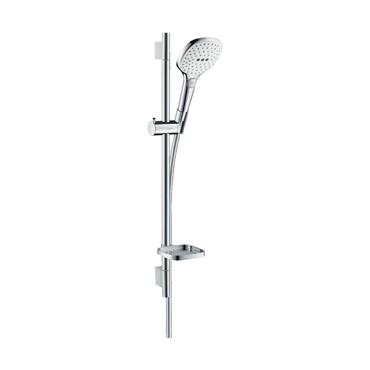 Hansgrohe Duschset 120, 3 Strahlarten, mit Duschstange 65 cm und Seifenhalter, Chrom- und Weiß-Finish RAINDANCE SELECT E 26620400