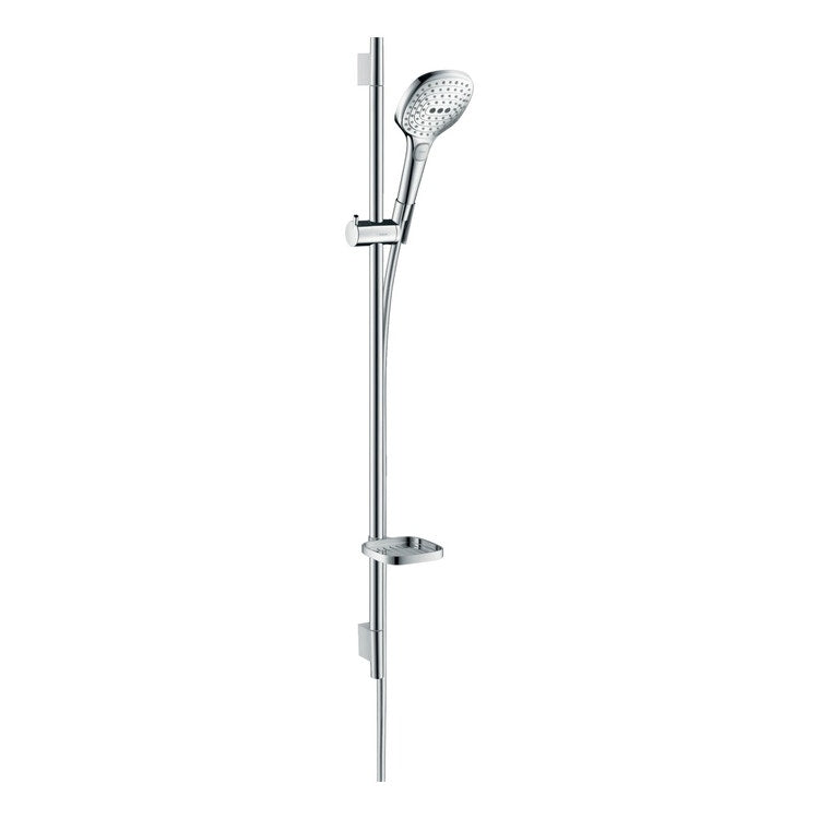 Hansgrohe Duschset 120, 3 Strahlarten, mit Duschstange 90 cm und Seifenhalter, Chromoberfläche RAINDANCE SELECT E 26621000